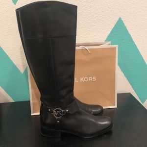 Michael Kors women black tail silver logo riding boots size 8